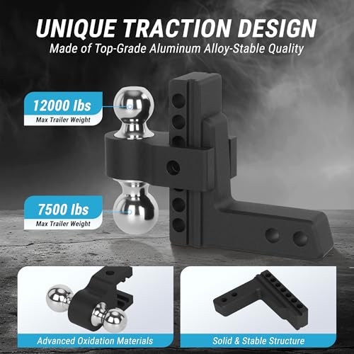 TAGLLY Adjustable Trailer Hitch Fits 2-Inch Receiver, 6" Drop/Rise Heavy Duty Aluminum Tow Hitches with Dual Balls (2" & 2-5/16") for Truck, Includes Two Pin Locks & Hitch Tightener - Image 5