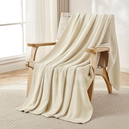 Joydeco Chunky Cable Knit Throw Blanket Lightweight 100 Cotton Soft Cozy Throw Twin Blanket for Couch Bed and Sofa Rustic Breathable Farmhouse Blanket Gift for Women MenCream White 51x63 - Image 1