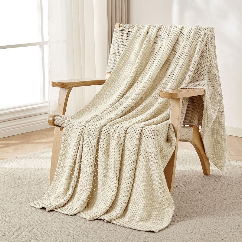 Joydeco Chunky Cable Knit Throw Blanket Lightweight 100 Cotton Soft Cozy Throw Twin Blanket for Couch Bed and Sofa Rustic Breathable Farmhouse Blanket Gift for Women MenCream White 51x63 - Image 2