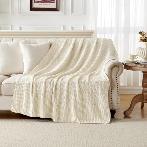 Joydeco Chunky Cable Knit Throw Blanket Lightweight 100 Cotton Soft Cozy Throw Twin Blanket for Couch Bed and Sofa Rustic Breathable Farmhouse Blanket Gift for Women MenCream White 51x63 - Image 3