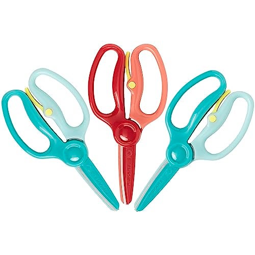 Fiskars Training Scissors for Preschoolers Ages 3+ (3-Pack), Small Kids Safety Scissors with Training Lever, Easy to Use, Preschooler Art Supplies, Back To School, Turquoise and Red - Image 1