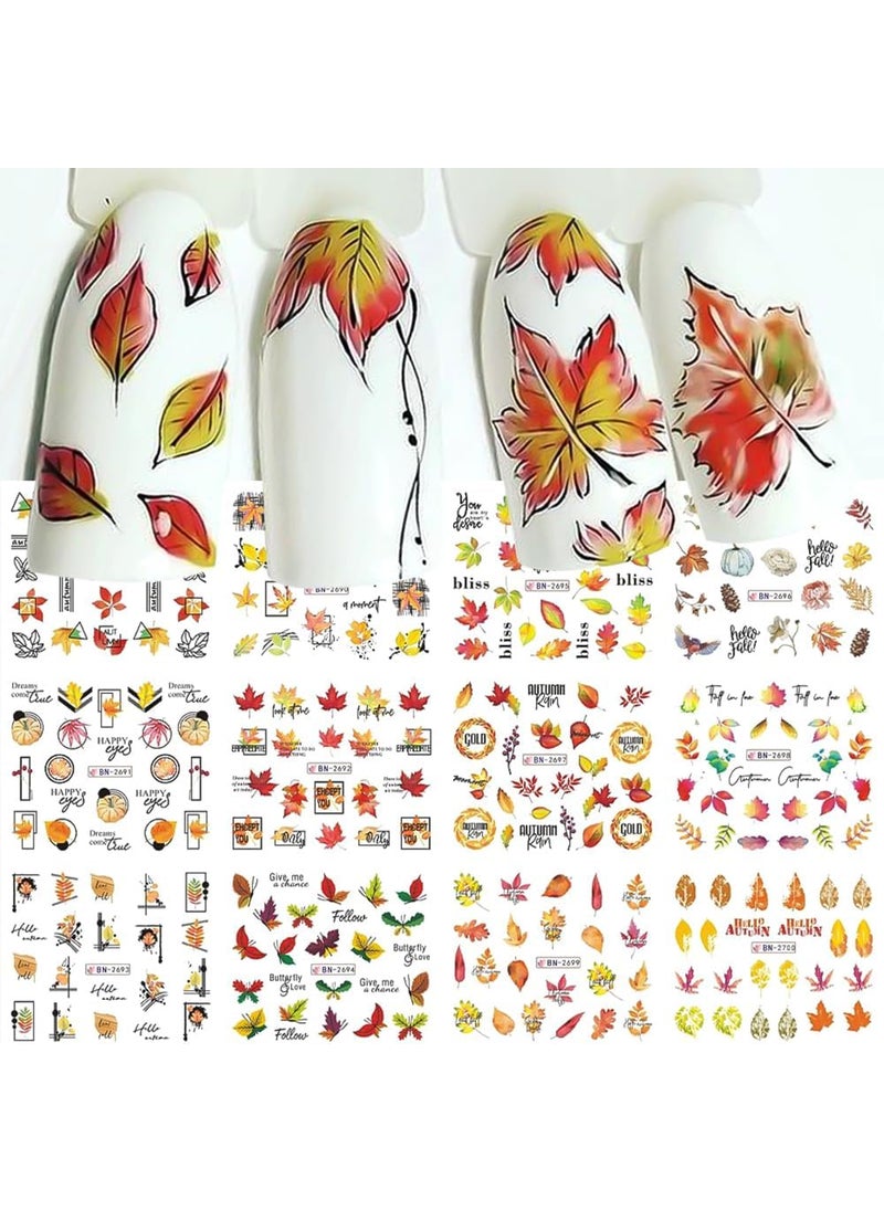 XIELIME - Fall Leaves Maple Leaf Autumn Nail Art Stickers 12 Sheets 5D Water Transfer Nail Decals Pumpkin Geometric Lines Slider Nail Designs Nail Supplies Nail Accessories for Women Girl DIY Decoration - Image 1