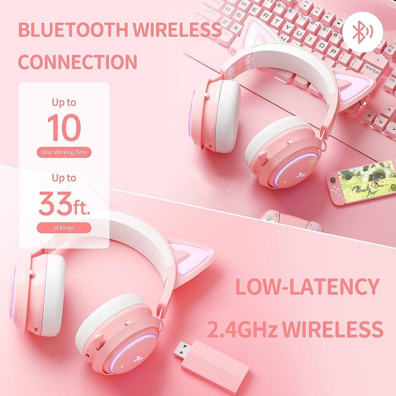 Somic Cat Ear Headphones, 2.4G/Bluetooth Wireless Gaming Headset for PS5, PS4, PC with RGB Lights and Retractable Mic, 10Hrs Playtime, 7.1 Surround Sound for Laptop, Smartphone-GS510 Pro - Pink - Image 3
