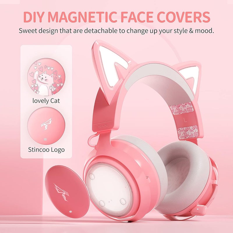 Somic Cat Ear Headphones, 2.4G/Bluetooth Wireless Gaming Headset for PS5, PS4, PC with RGB Lights and Retractable Mic, 10Hrs Playtime, 7.1 Surround Sound for Laptop, Smartphone-GS510 Pro - Pink - Image 5