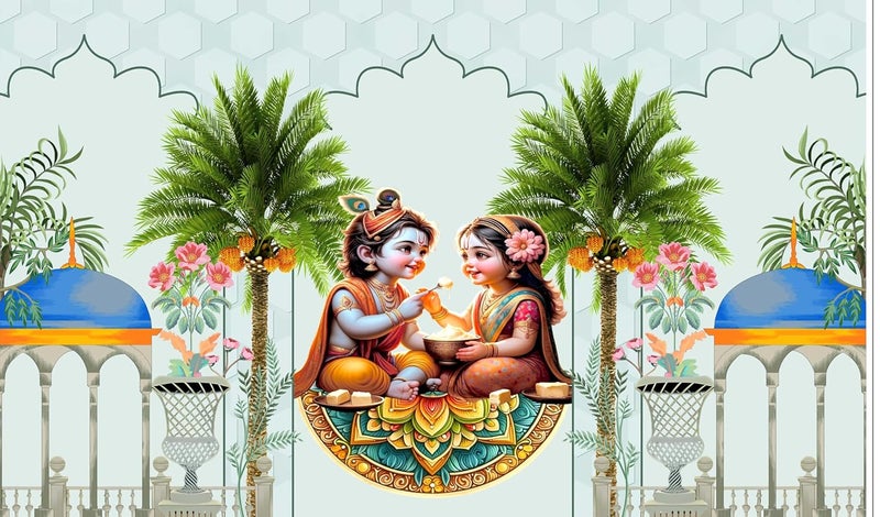 Backdropon تصميم رادها كريشنا اللطيف لتزيين البوجا خاصة لمهرجان كريشنا جانماشتامي ستارة خلفية تقليدية بحجم 5 أقدام ارتفاع و 8 أقدام عرض (5 * 8) - Image 1