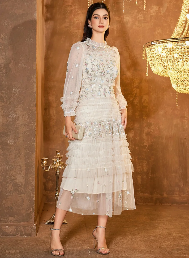 Madam Uniq White Embroidered Tulle Long - Sleeve Tiered Dress