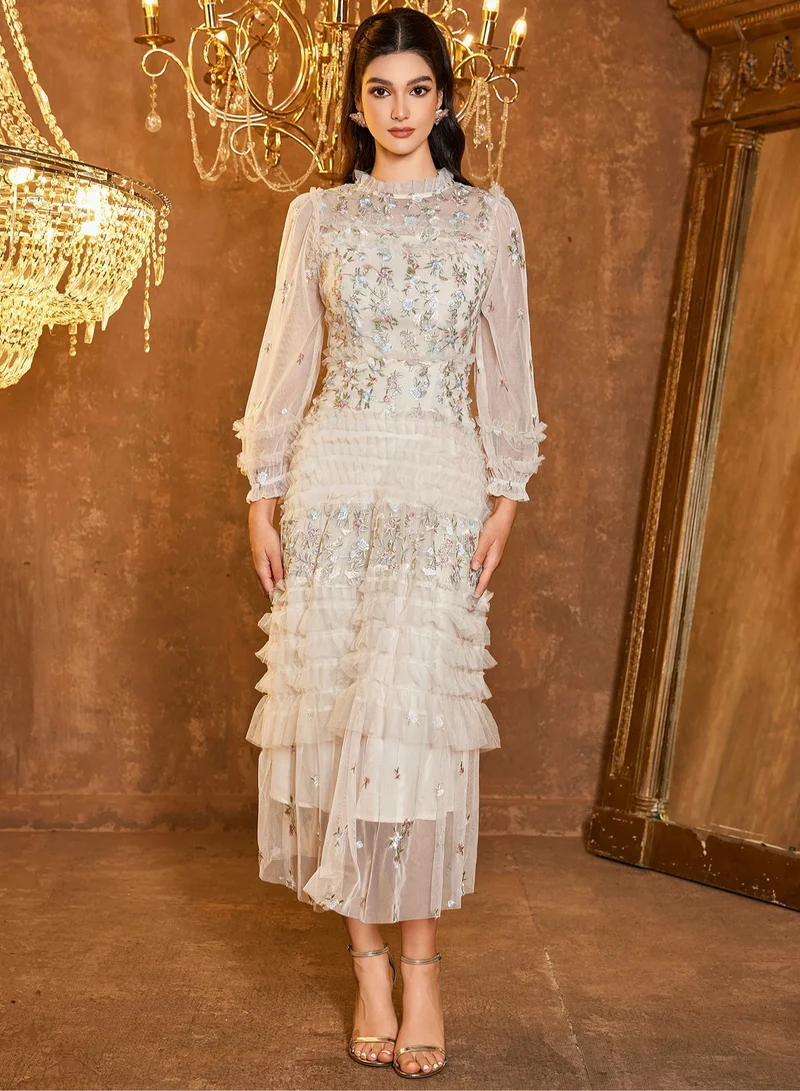 Madam Uniq White Embroidered Tulle Long - Sleeve Tiered Dress
