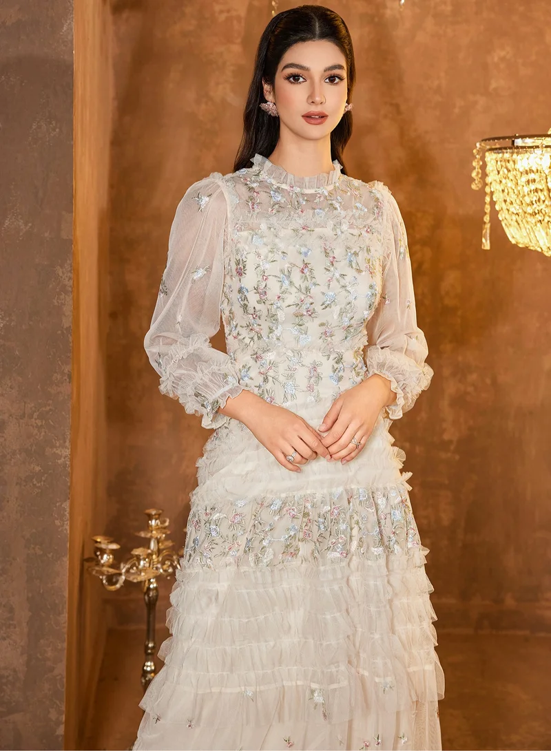 Madam Uniq White Embroidered Tulle Long - Sleeve Tiered Dress