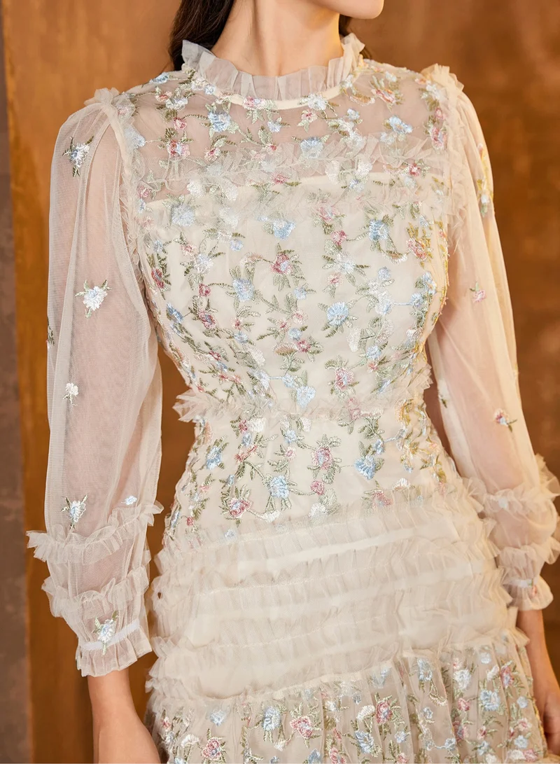 Madam Uniq White Embroidered Tulle Long - Sleeve Tiered Dress