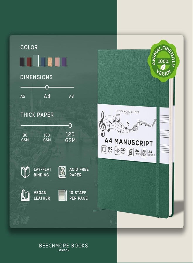 Beechmore Books Blank Sheet Music Notebook – A4 8.5"x11.5" for Songwriters, Musicians & Composers, 156 Thick 120gsm Pages, 10-Staff Perforated Sheets, Vegan Leather Hardcover, Elastic Closure, Gift Box - Image 2