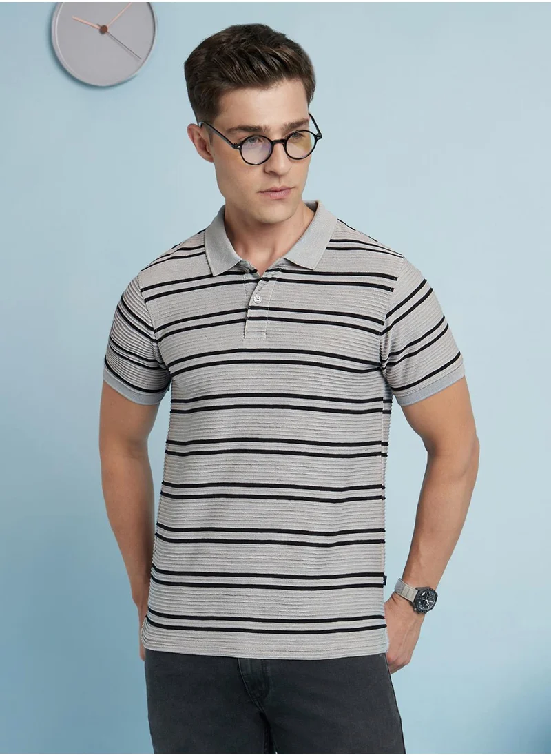 دينيس لينغو Regular Fit Stone And Black 60 Cotton/40 Poly Striped Polo Neck Half Sleeve T-Shirts For Men