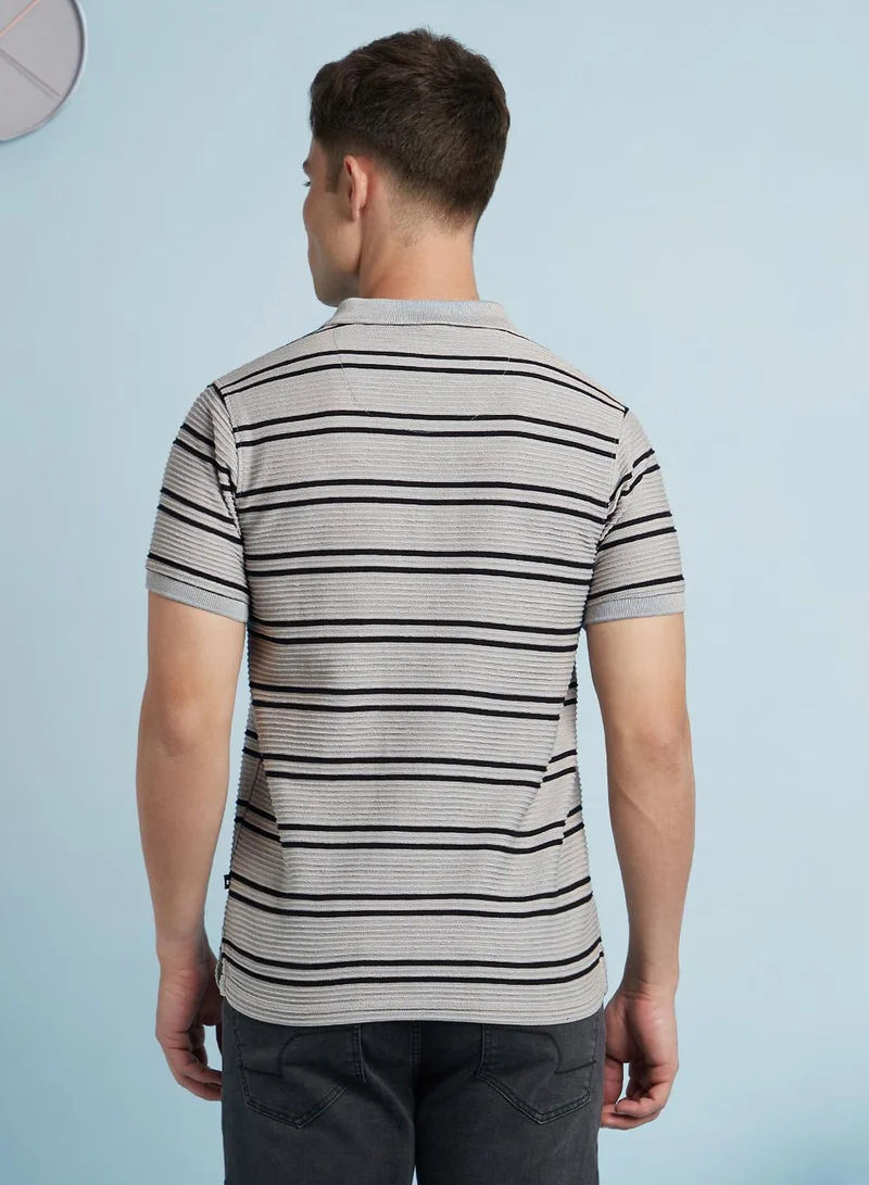 Dennis Lingo Men's Stone And Black Cotton Blend Striped Regular Fit T-Shirt