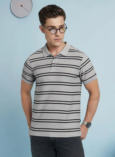 Dennis Lingo Men's Stone And Black Cotton Blend Striped Regular Fit T-Shirt