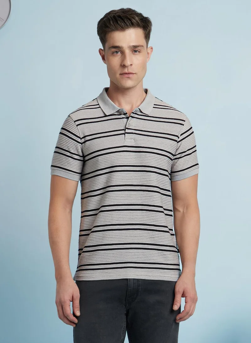 Dennis Lingo Men's Stone And Black Cotton Blend Striped Regular Fit T-Shirt