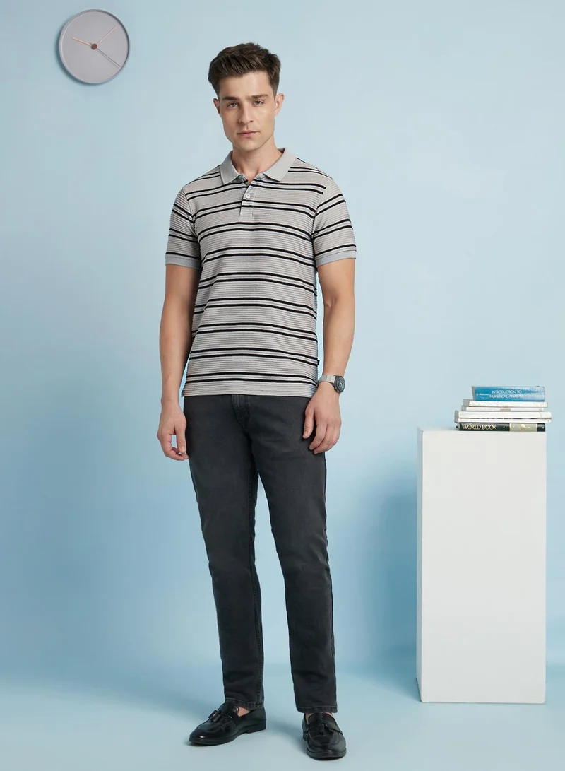 Dennis Lingo Men's Stone And Black Cotton Blend Striped Regular Fit T-Shirt
