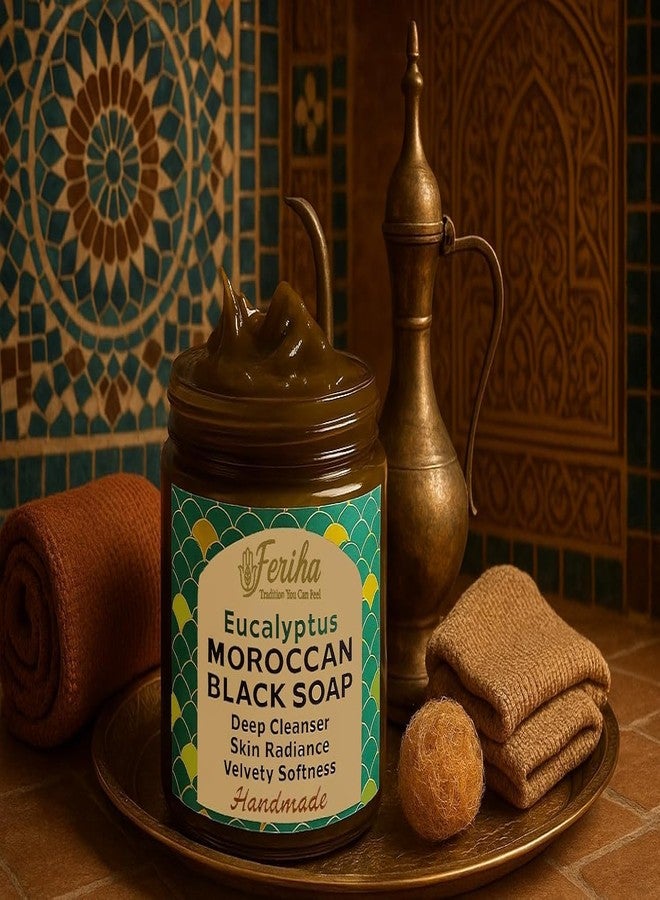 FERIHA Moroccan Black Soap Hammam with Eucalyptus – Exfoliating Beldi Spa Paste, Natural Olive Cleanser, Body Scrub & Deep Skin Cleanser – 7oz (Made in Morocco - Image 4