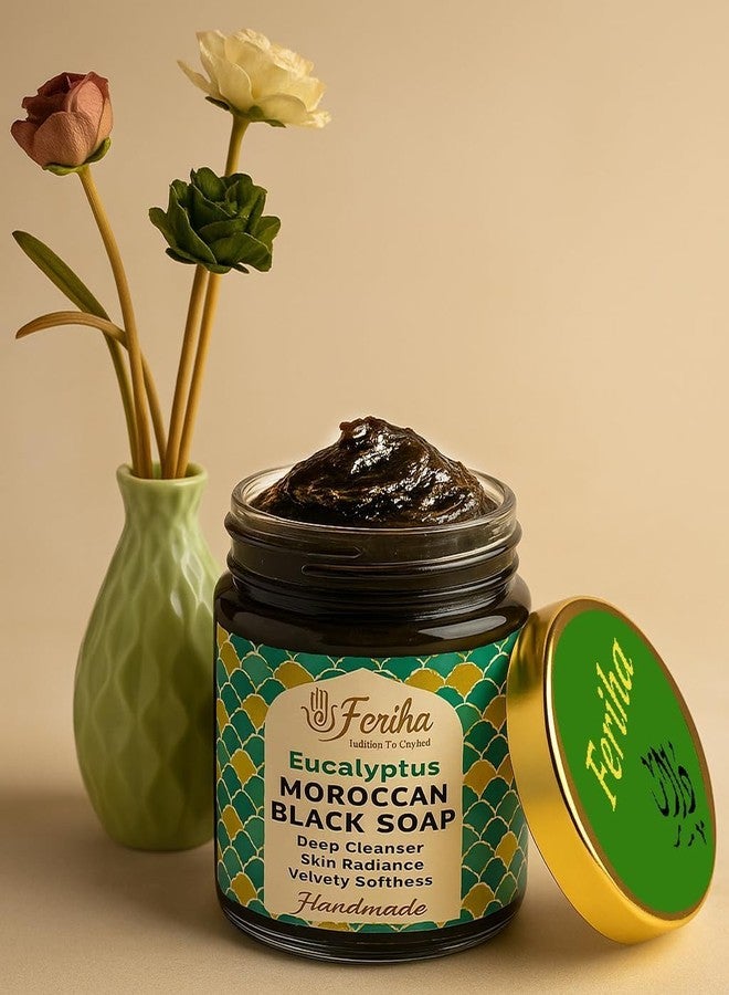 FERIHA Moroccan Black Soap Hammam with Eucalyptus – Exfoliating Beldi Spa Paste, Natural Olive Cleanser, Body Scrub & Deep Skin Cleanser – 7oz (Made in Morocco - Image 5