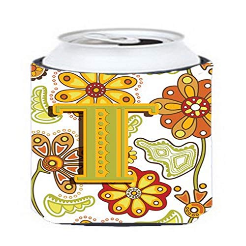 Caroline's Treasures CJ2003-TCC Letter T Floral Mustard and Green Can or Bottle Hugger Cooler Washable Drink Sleeve Collapsible Beverage Insulated Holder, Can Hugger, Multicolor - Image 1