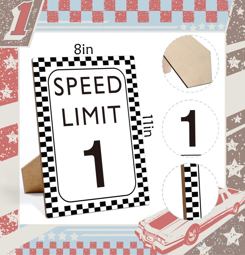 Muruseni Race Car Birthday Decor, Speed Limit 1 Sign, Fast One, Race Car Birthday Party Decorations, 8Ã—11 Wooden Play Sign with Stand, Let's Go Racing Party Supplies for Boy Race Fans - SL1 - Image 2