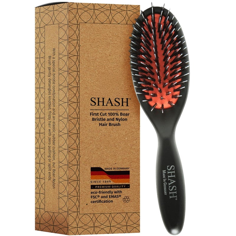 SHASH Since 1869 Hand Made In Germany - Nylon Boar Bristle Brush Suitable For Normal to Thick Hair Gently Detangles, No Pulling or Split Ends - Softens Improves Hair Texture, Stimulates (Extra Small) - Image 1