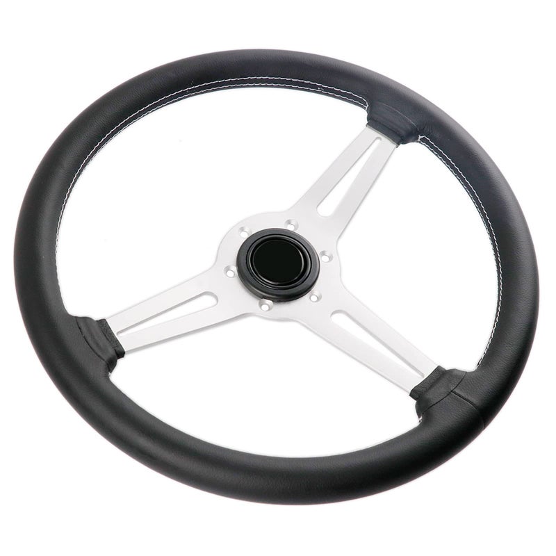 YEHICY 14 inch350mm Genuine Leather Steering Wheel with Silver Spokes Flat Drift Racing Steering Wheel White Stitching
