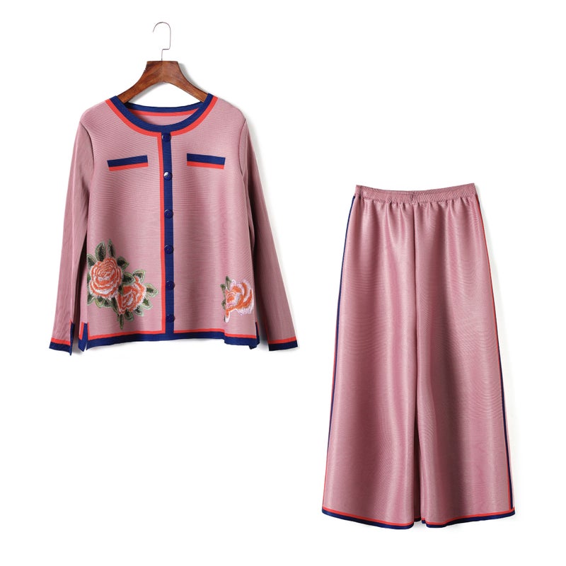 Autumn Womens Fashion Outfit Printed Pleated Long Sleeve Top suit lotus root powder 