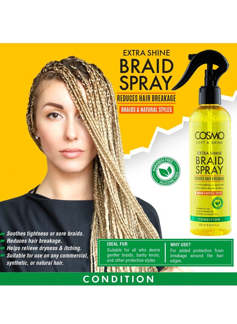 COSMO بخاخ ضفائر Soft &amp; Shine Extra Shine سعة 250 مل | يساعد على تخفيف الجفاف والحكة | يقلل من تكسر الشعر | الضفائر والتسريحات الطبيعية | أصفر  - Image 2