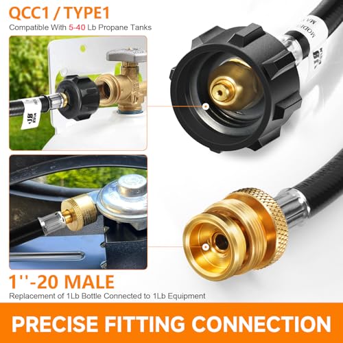 GasSaf 5FT Propane Hose, Propane Adapter 1lb to 20lb Converter, Propane Tank Gas Grill Hose Suitable for Weber Q Grill, Coleman Camping Stove, Buddy Heater and More Portable Grills - Image 3