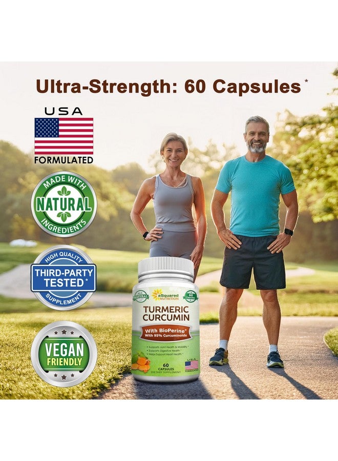 aSquared Nutrition Turmeric Curcumin 1300mg with BioPerine Black Pepper Extract Supplement - 60 Capsules - with 95% Curcuminoids - Natural Tumeric Root Powder Joint Pills - Image 2