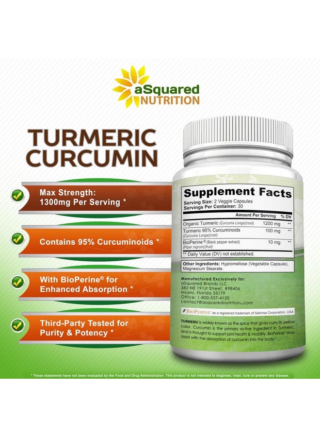 aSquared Nutrition Turmeric Curcumin 1300mg with BioPerine Black Pepper Extract Supplement - 60 Capsules - with 95% Curcuminoids - Natural Tumeric Root Powder Joint Pills - Image 5