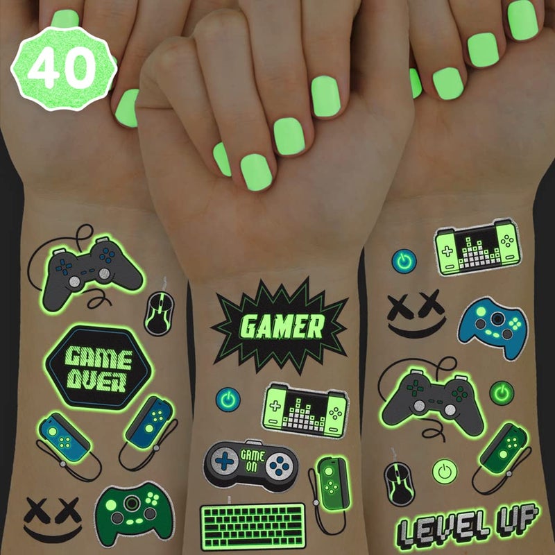 xo Fetti Video Game Party Supplies Temporary Tattoos  40 Glow in the Dark Styles  Videogame Birthday Favors Decorations Controller Computer Keyboard Gamer Arcade