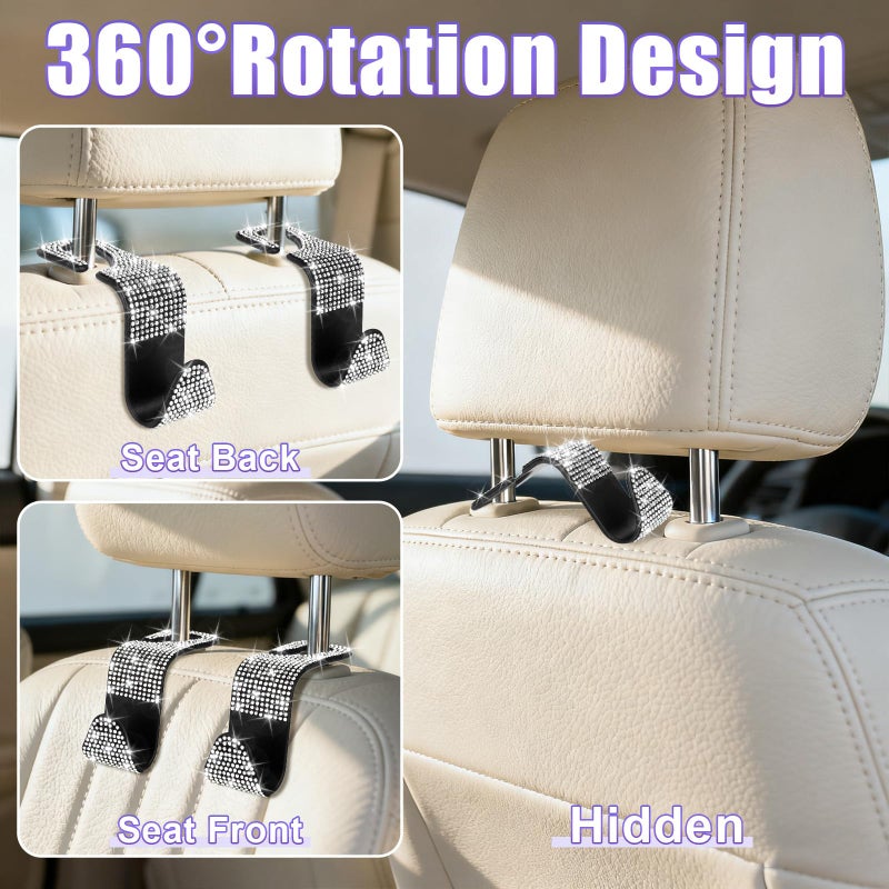 BFXM 6 Pack Bling Car Seat Headrest Hooks, Rhinestone Purse Hook for Car, Universal Storage Organizer for Handbag Grocery Bags Coats, Bling Car Accessories for Women (Bling White) - Image 4