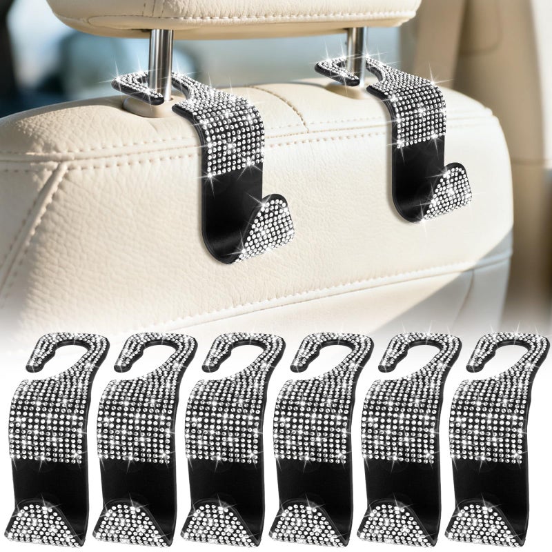 BFXM 6 Pack Bling Car Seat Headrest Hooks, Rhinestone Purse Hook for Car, Universal Storage Organizer for Handbag Grocery Bags Coats, Bling Car Accessories for Women (Bling White) - Image 1