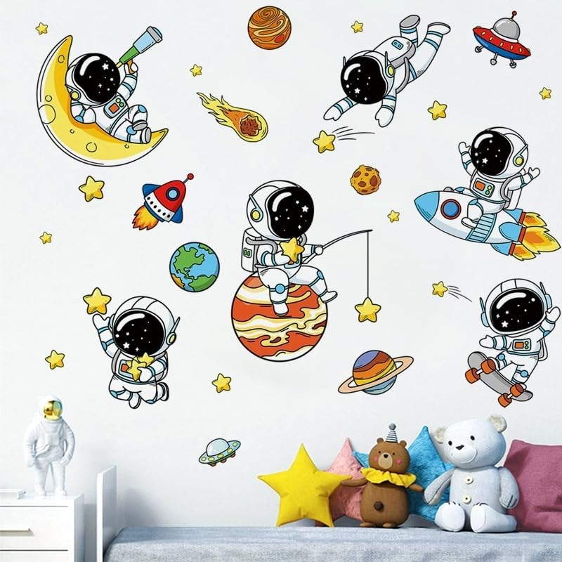 0TO1 TECH Cartoon DIY Wall Stickers, Children DIY Art Decal, Removable and Water Proof Wall Decoration, Mural Decorate for Nursery Playroom Decor, Kids Room Home Decorations Boys Bedroom Art (Astronaut) - Image 1