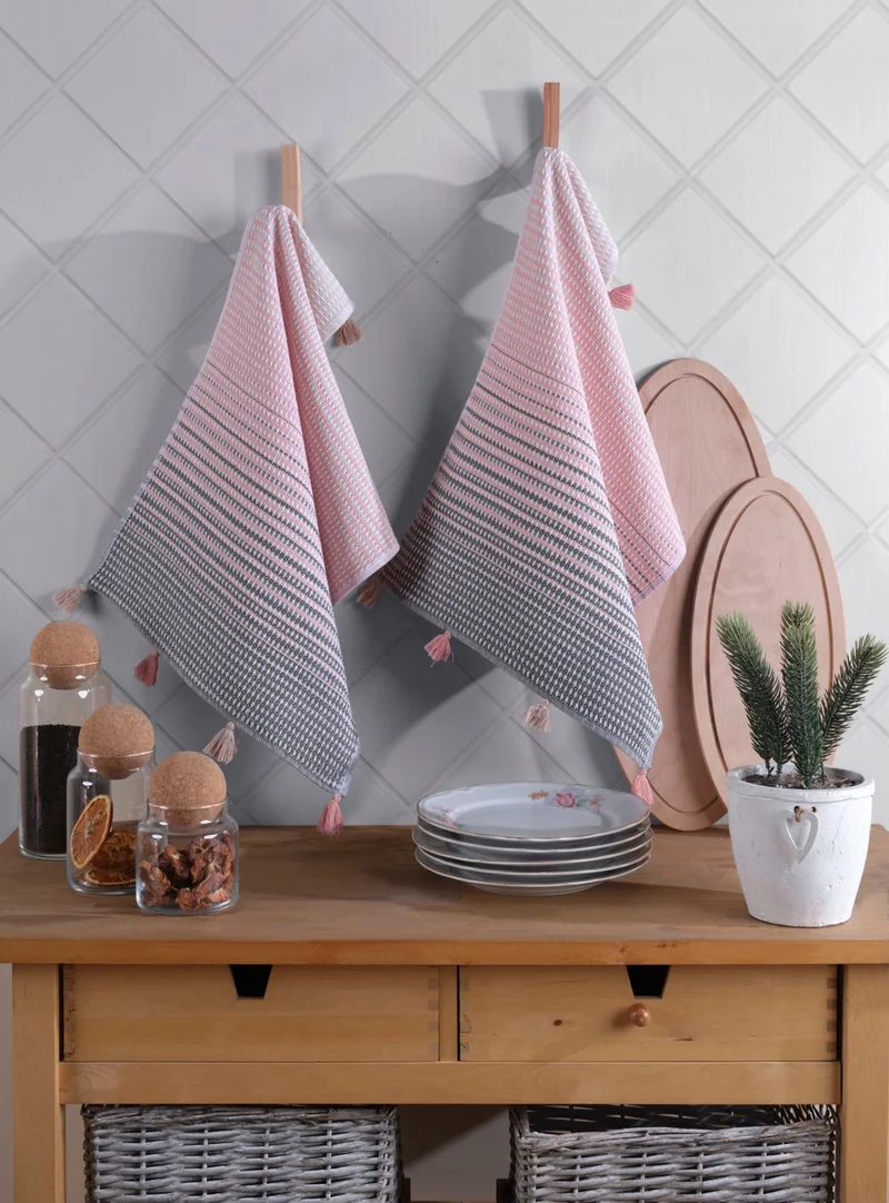 Lux Touch Eva Pompom Set of 2 Salmon Kitchen Towels 40 x 60 cm Tea Towel Set Cotton