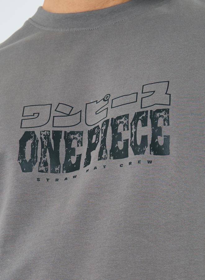 ستايلي تيشيرت واسع رمادي بطبعة ون بيس للرجال - Image 4