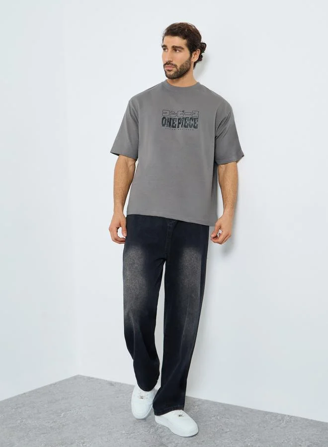 Styli Men Grey One Piece Graphic Print Oversized T-Shirt