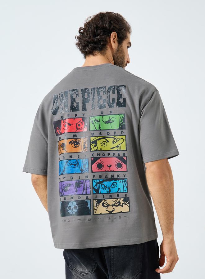 ستايلي تيشيرت واسع رمادي بطبعة ون بيس للرجال - Image 1