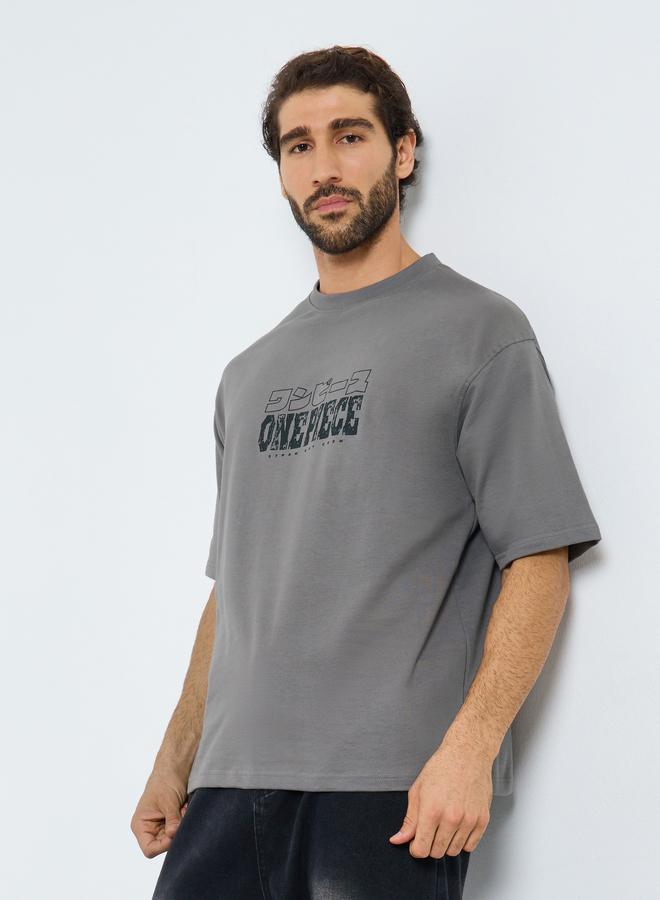 ستايلي تيشيرت واسع رمادي بطبعة ون بيس للرجال - Image 3