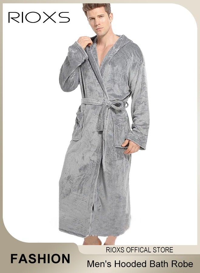 RIOXS Men's Hooded Bath Robe,Plush Collar Sleepwear,Soft Long Bathrobe Warm Flannel House Robe,Robe Fleece Spa Robes Loungewear For Men,Long Bathrobe Gift For Father Brother Husband - Image 1