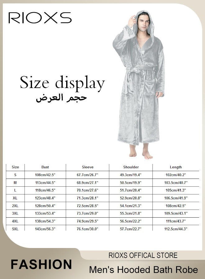 RIOXS Men's Hooded Bath Robe,Plush Collar Sleepwear,Soft Long Bathrobe Warm Flannel House Robe,Robe Fleece Spa Robes Loungewear For Men,Long Bathrobe Gift For Father Brother Husband - Image 5