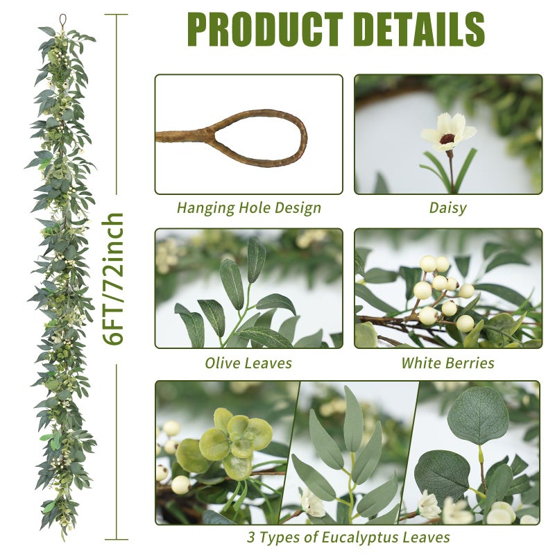Artgar Eucalyptus Garland with Lights - 6 Ft Greenery Garland - Artificial Silver Dollar Olive Garlands, Spring/Summer Green Garlands for Indoor Outdoor Home Decor Wedding Arches Backdrops Table Decor - Image 2