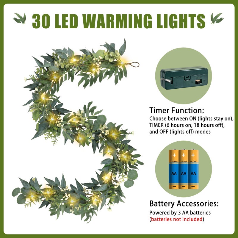 Artgar Eucalyptus Garland with Lights - 6 Ft Greenery Garland - Artificial Silver Dollar Olive Garlands, Spring/Summer Green Garlands for Indoor Outdoor Home Decor Wedding Arches Backdrops Table Decor - Image 3