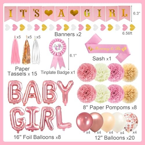 Bolake Pink Baby Shower Decorations for Girl Set with Its a Girl Banner Baby Girl Letter Foil Balloons Mom to Be Sash Dad to Be Pin Paper Pom Poms for Gender Reveal Decorations - Image 5