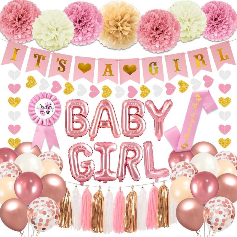 Bolake Pink Baby Shower Decorations for Girl Set with Its a Girl Banner Baby Girl Letter Foil Balloons Mom to Be Sash Dad to Be Pin Paper Pom Poms for Gender Reveal Decorations - Image 3