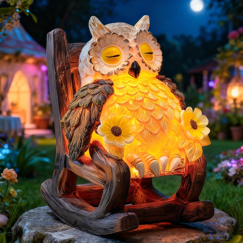 LIULO TOOL Light Up Owl on Chair Garden Sculpture, LED Solar Powered Owl Lying on The Chair Centerpiece, Cute Figurine Statue for Home Fireplace Outdoor Collection Decoration, 6x4.5x3.3 in - Image 1