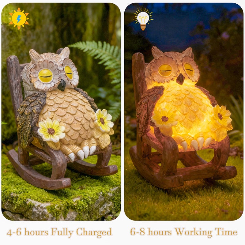LIULO TOOL Light Up Owl on Chair Garden Sculpture, LED Solar Powered Owl Lying on The Chair Centerpiece, Cute Figurine Statue for Home Fireplace Outdoor Collection Decoration, 6x4.5x3.3 in - Image 5