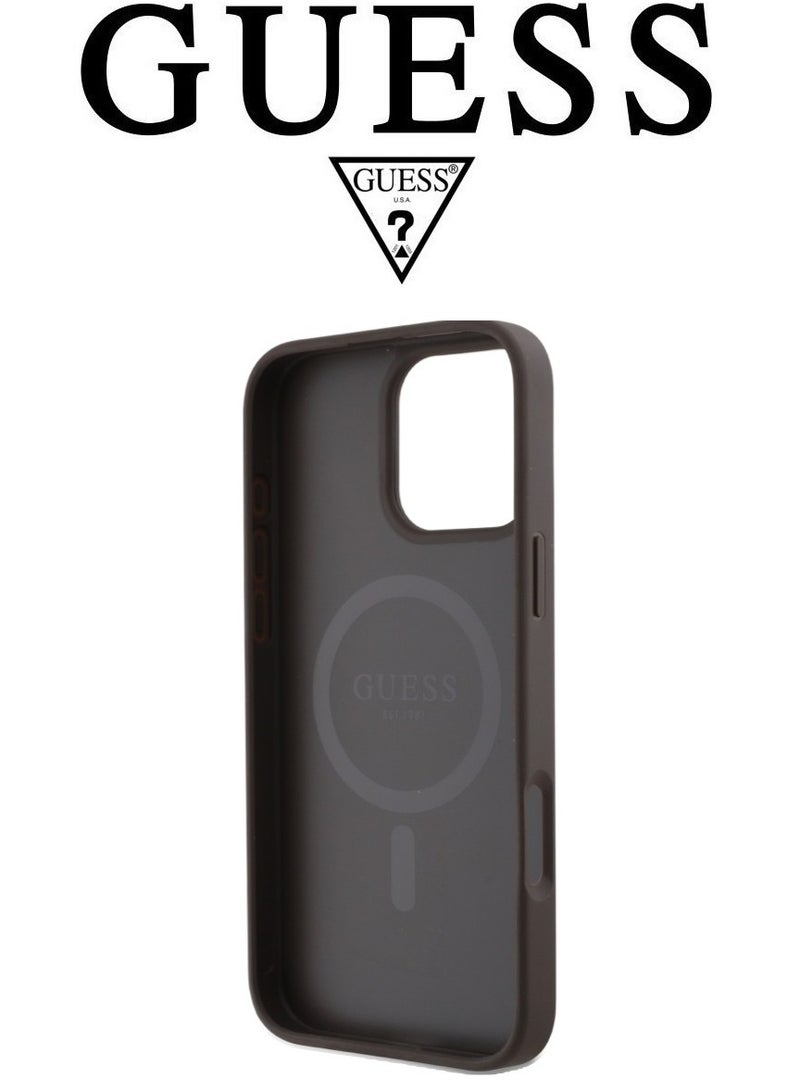 IPhone 16 Pro Max cover,supports MagSafe wireless charging, with a logo and a leather French design approved by the global brand Guess. From CG-MOBILE. In Brown