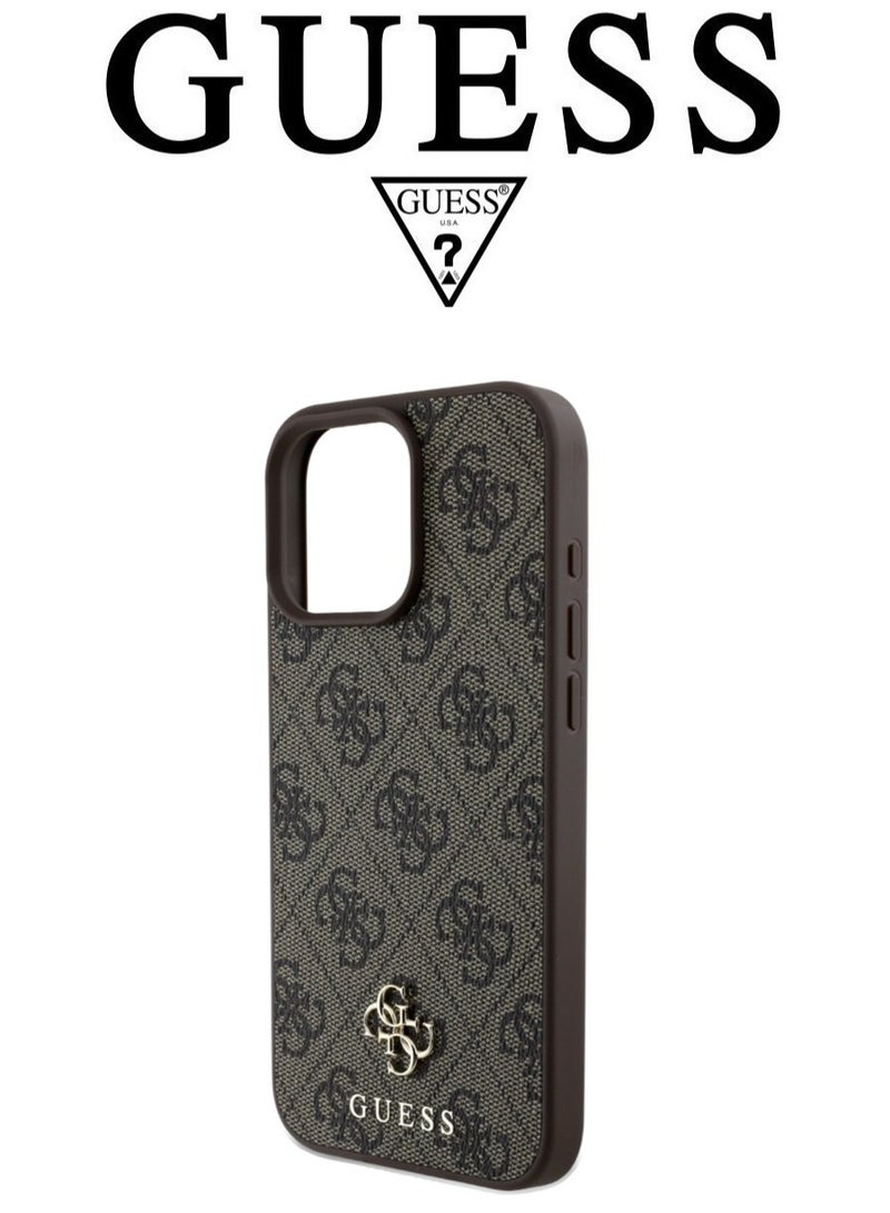 IPhone 16 Pro Max cover,supports MagSafe wireless charging, with a logo and a leather French design approved by the global brand Guess. From CG-MOBILE. In Brown