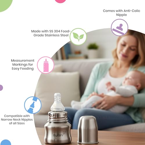 Nuluv Nourish+ Stainless Steel Feeding Bottle 60ml with L Size Nipple, 9 + Months Babies, Food Grade SS 304, Anti-Colic Silicone Nipple, BPA Free, Baby Bottle, Easy to Clean, BIS Certified - Image 3